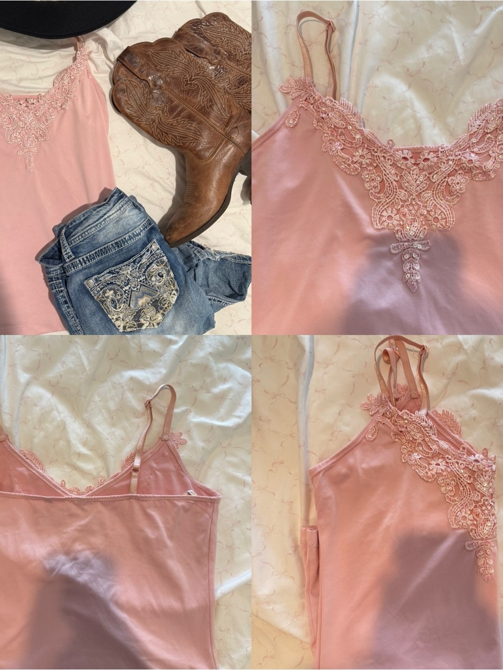 Vintage 2000s Lace-Trim Pink Satin Cami Top